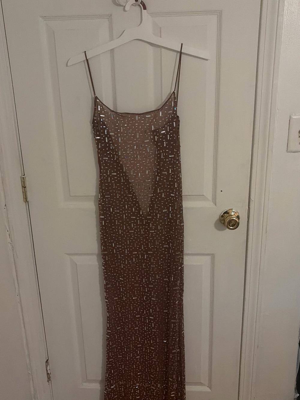 Oh Polly Brown Sequin Spaghetti-Strap Maxi Dress
